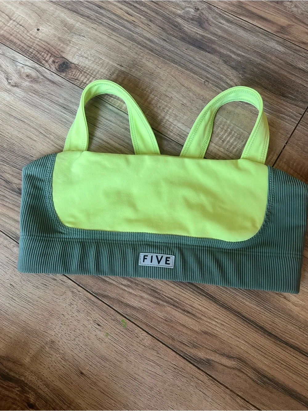 FIVE Girls' Neon Yellow and Olive Ribbed Swim Top